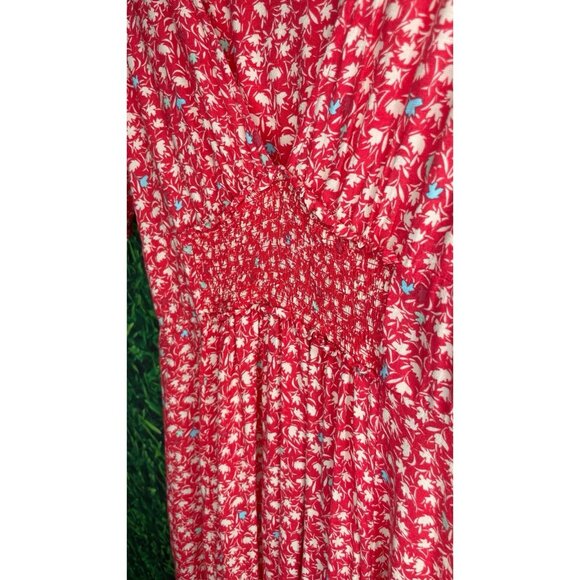 Free People Womens Red In Full Bloom Deep V-Neck Smocked Fit & Flare Midi Dress - Picture 4 of 6